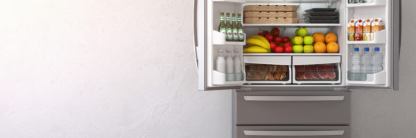 Open fridge  refrigerator full of food in the empty kitchen interior. 3d Illustration